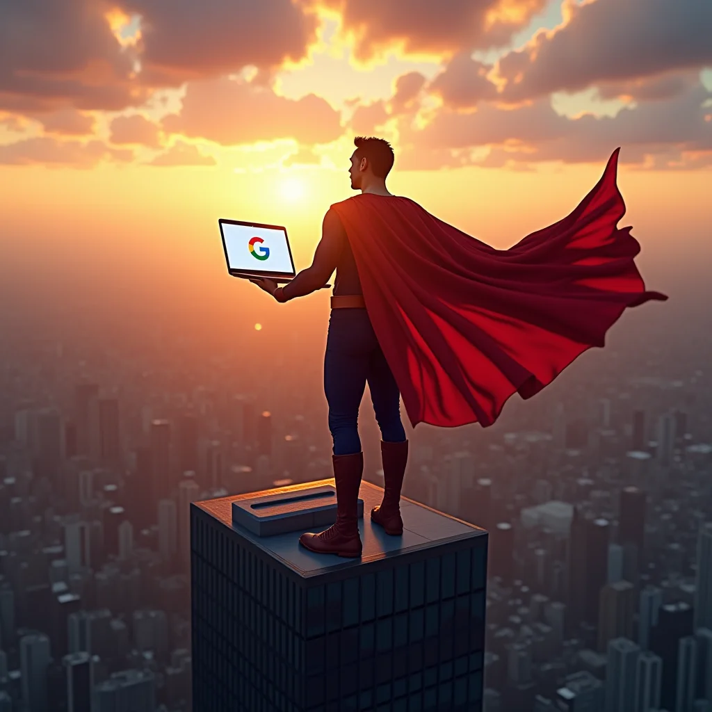 superhero with a laptop winning a battle with Google search